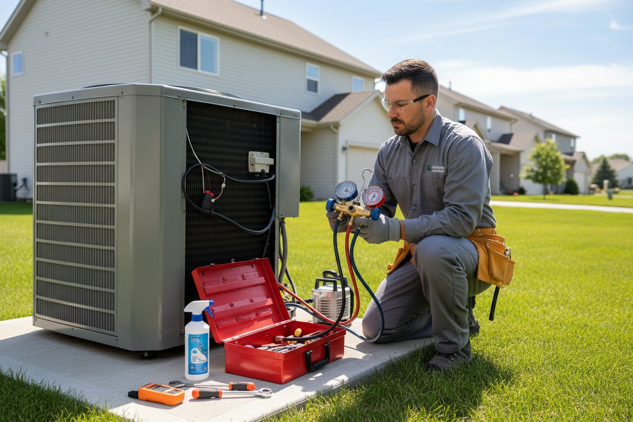 Air Conditioning Repair & Maintenance

Description:
On-site air conditioning service including system diagnostics, minor repairs, and performance testing. Designed to restore proper cooling operation and improve efficiency.

Service type: One-time service visit
Location: Residential property

make as person make job 